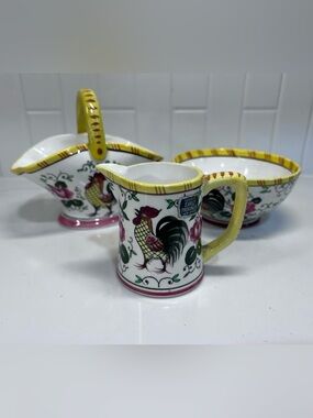 Vintage PY Early Provincial Rooster And Roses Ucago Pitcher Basket & Bowl